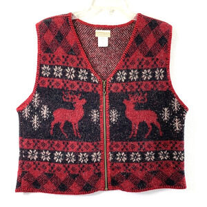 Coldwater Creek Wool Vest Womens Large Red Black Cabincore Zip Up‎ Deer